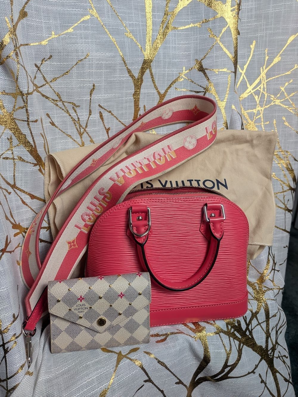 Louis Vuitton Pink Epi Alma BB Satchel with Branded Jacquard Strap